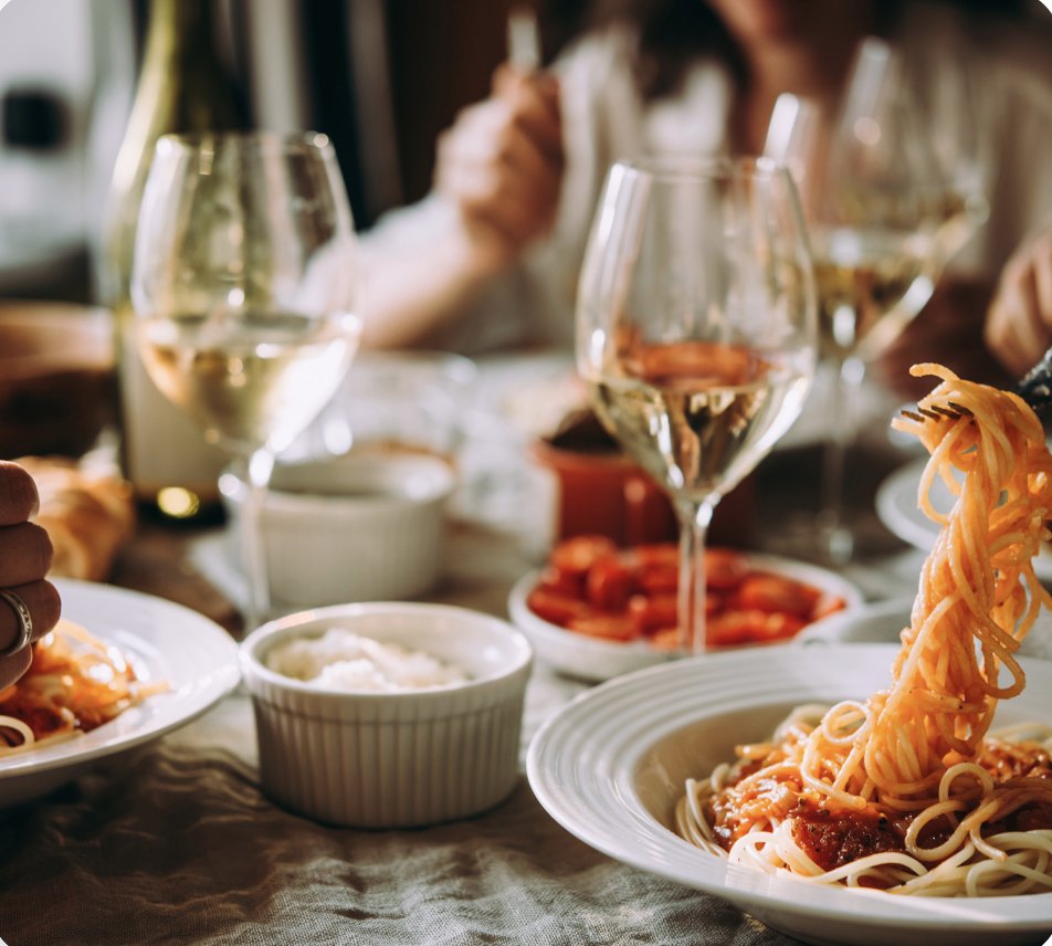 Pasta and wine at the table